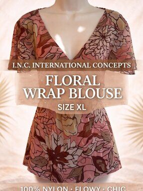 INC International Concepts Floral Wrap Blouse XL Pink Boho Top 100% Nylon Flowy